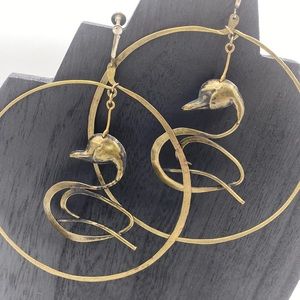 Vintage Huge Hoop Swan Artisan Handmade Earrings